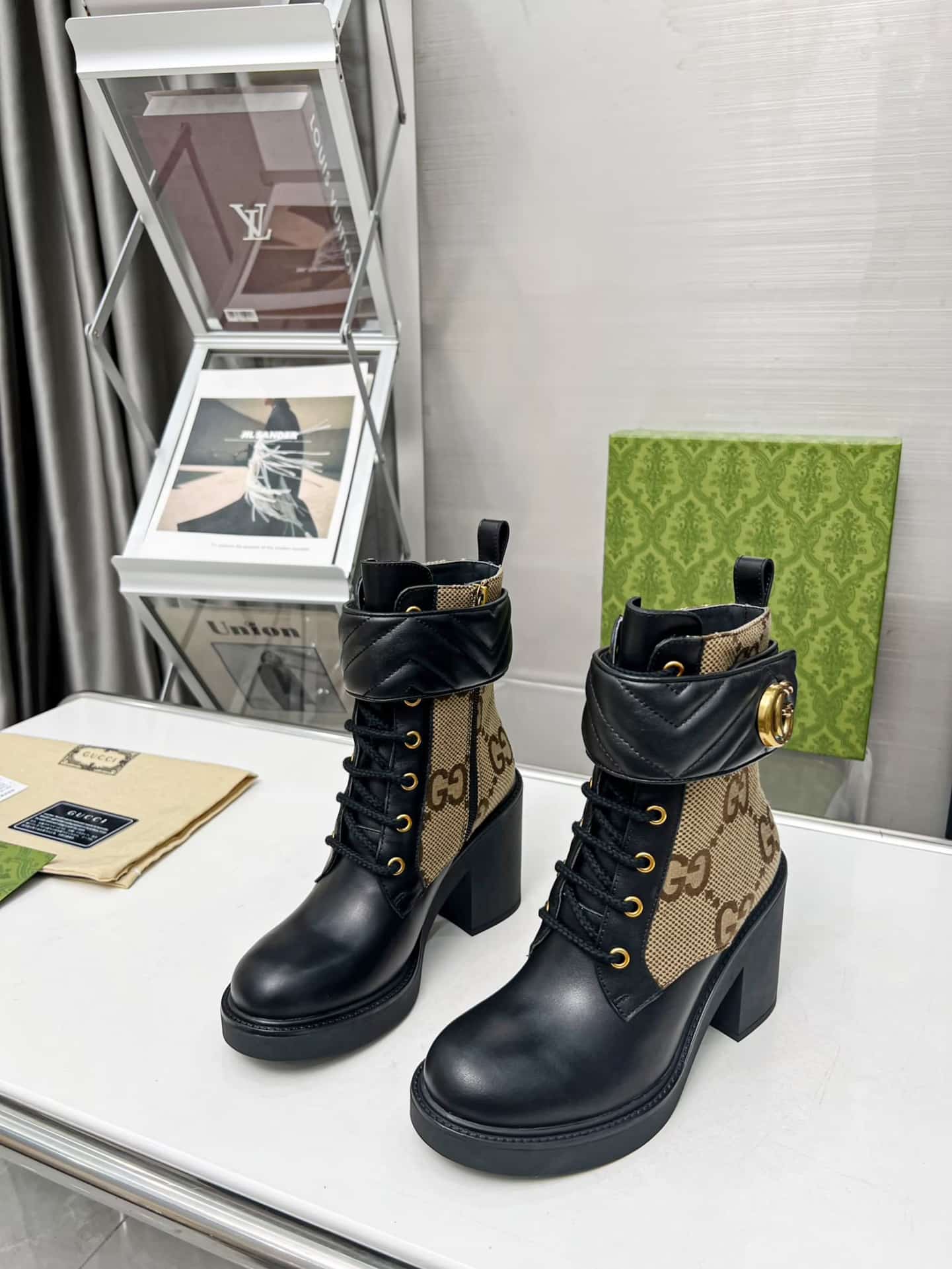Gucci With Double G Ankle Boots Camel Ebony 719849 Aabd0 1183