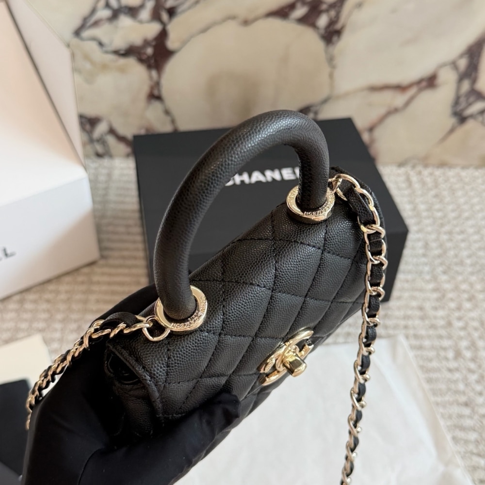 Chanel Mini Flap Bag With Top Handle Shiny And Gold Tone Metal Black 15Cm AS2215 B05061 94305