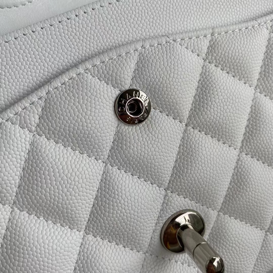 Chanel Classic Double Flap Bag White Silver Hardware 25Cm/10in