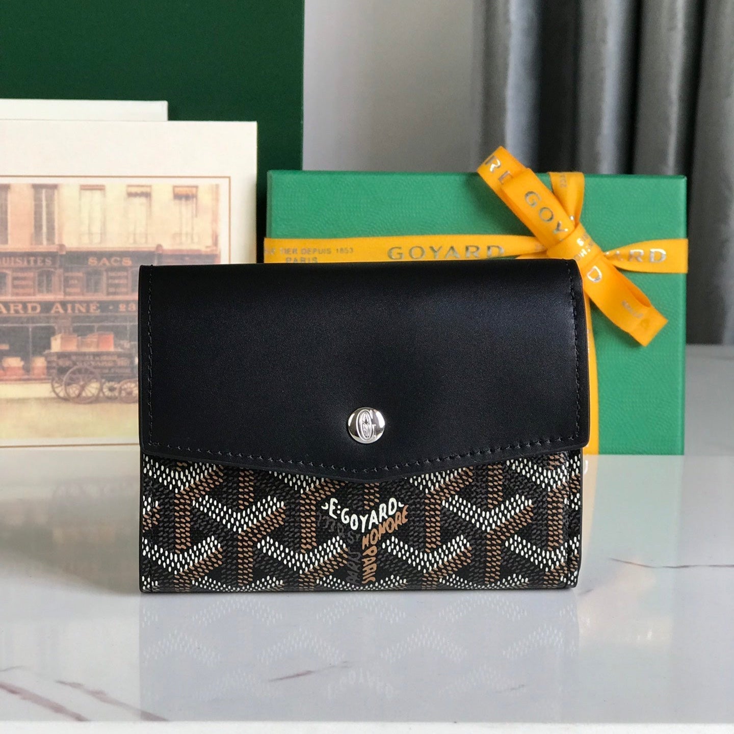 Goyard Saint-Gabriel Wallet 12 Cm Black Calfskin And Goyardine Canvas