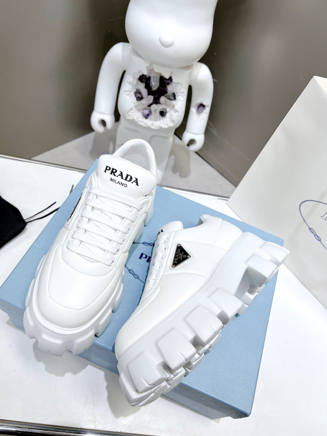 Prada Soft Padded Nappa Leather Lace Up Shoes White