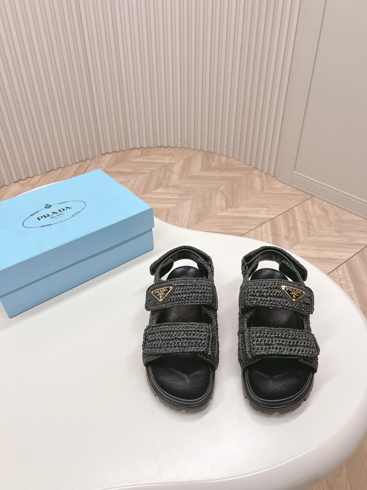 Prada Monolith Crochet Raffia Effect Sandals In Black
