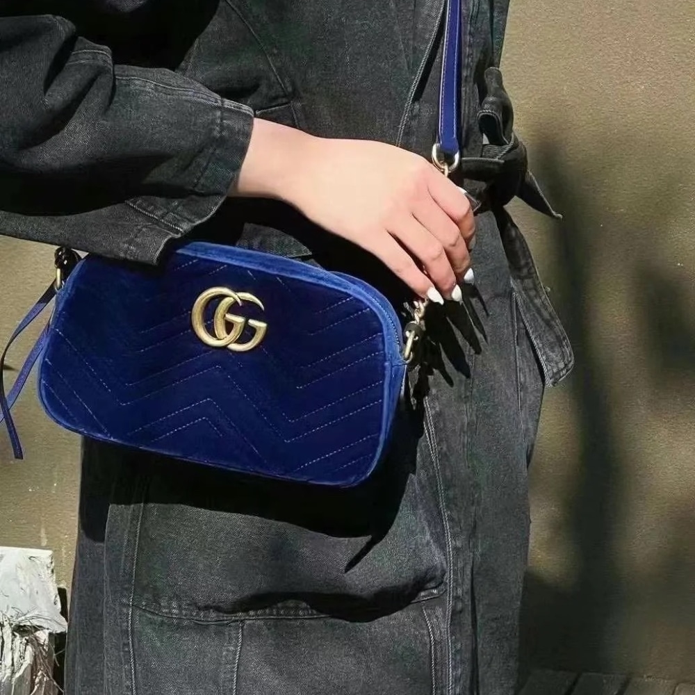 Gucci Small Gg Marmont Camera Bag Velvet Dark Blue 23Cm