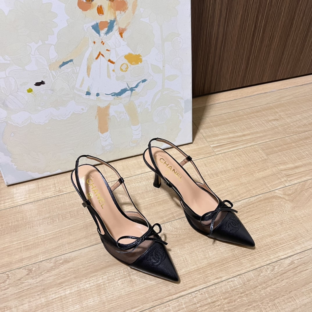 Chanel Cc Leather Pointy Toe Pumps Slingbacks Sandals Black