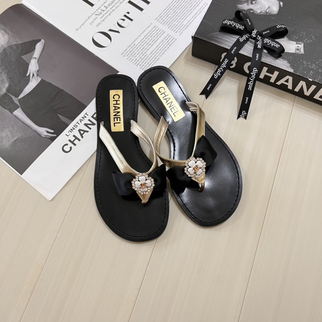 Chanel Thong Slide White Camellia Cc Logo Bow Black