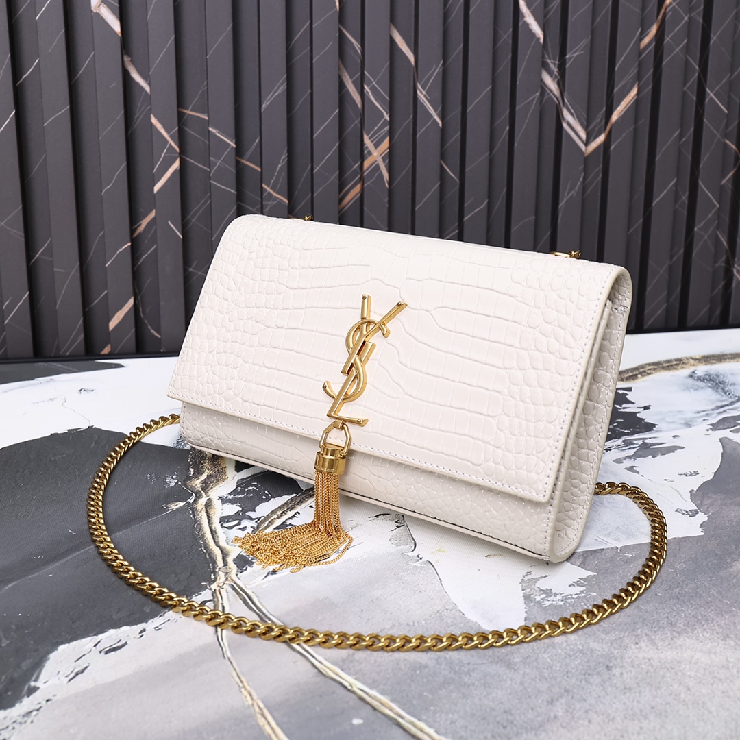 Saint Laurent Kate Medium Chain Bag With Tassel In Shiny White