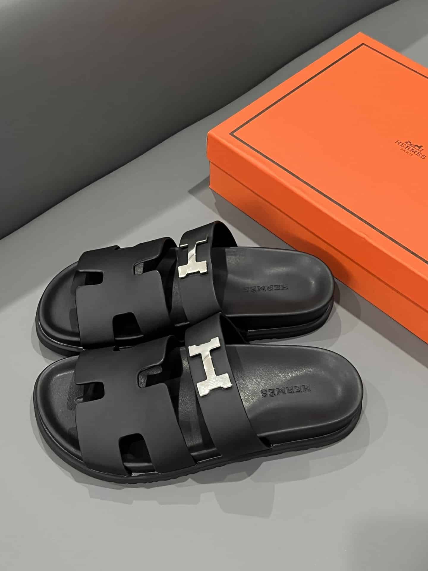 Hermes Chypre Sandal H Logo Silver Hardware Black