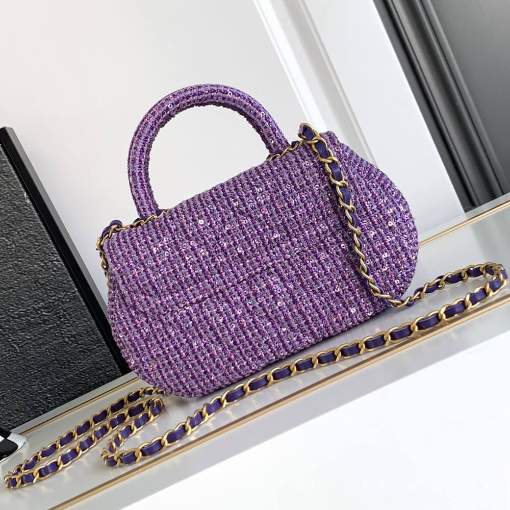 Chanel Mini Sequin Flap Bag with Top Handle Purple Tweed