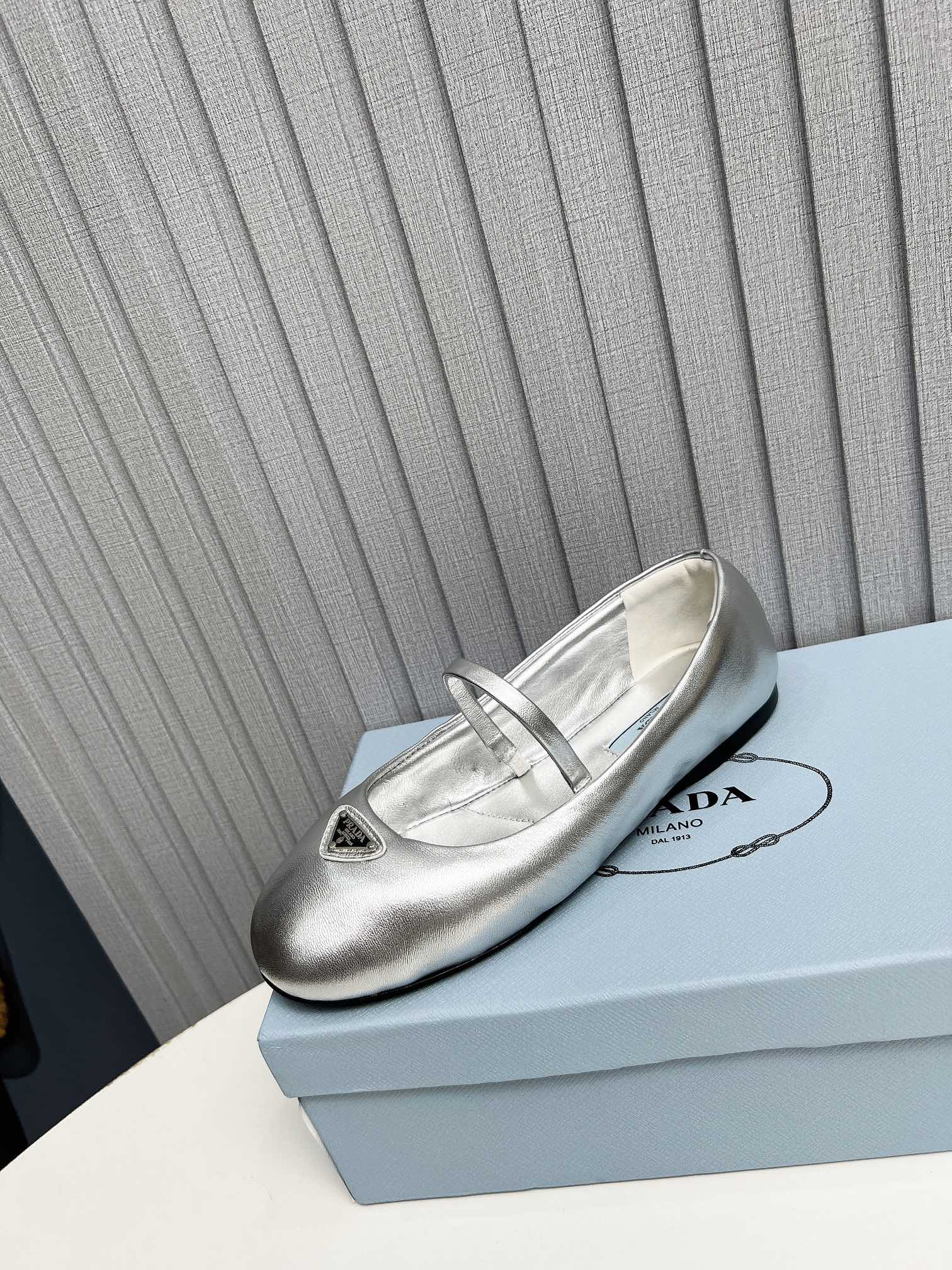 Prada Soft Padded Nappa Leather Ballerinas Silver