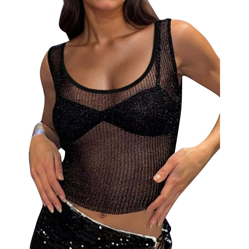 Women Sexy Fishnet Knit Glittering Scoop Neck Crop