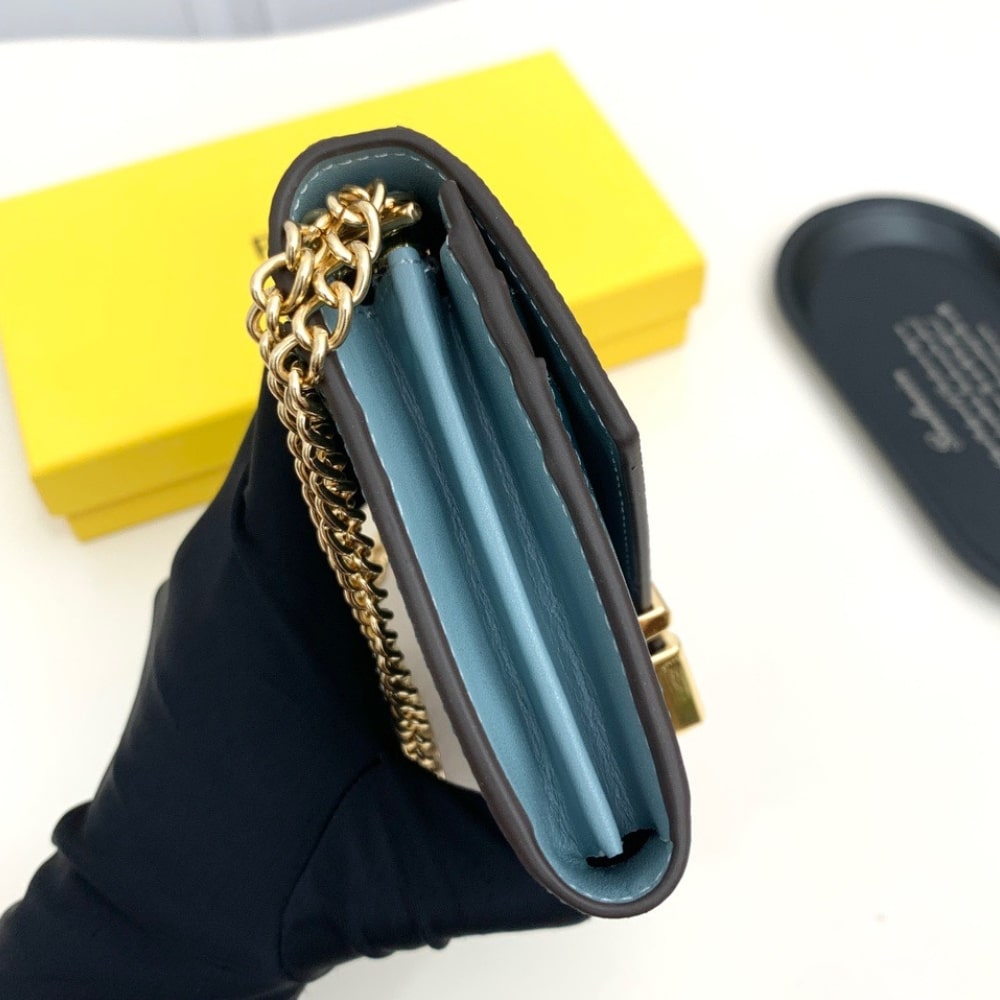 Fendi Ff Diamonds Continental With Chain Leather Wallet Green Blue 19Cm