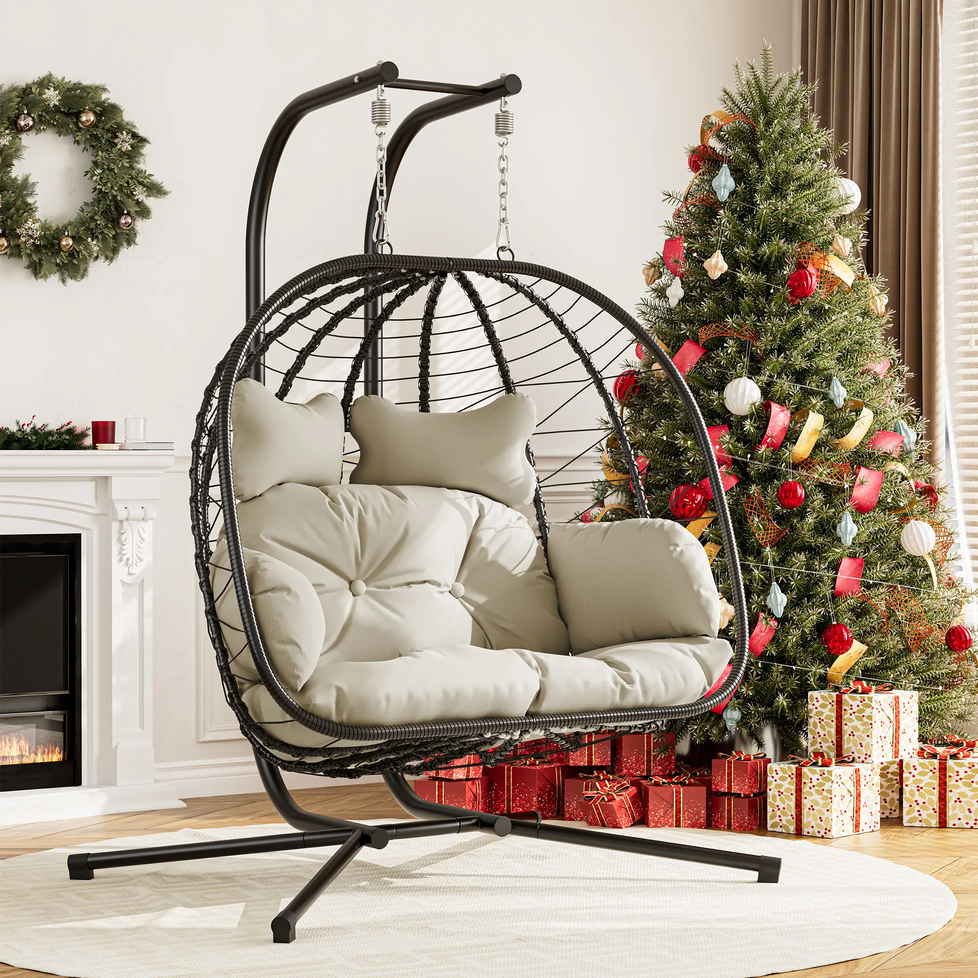 🔥Clearance Sale🔥Double Hanging Egg Chair – Outdoor Patio Swing Chair with Cushions & Stand