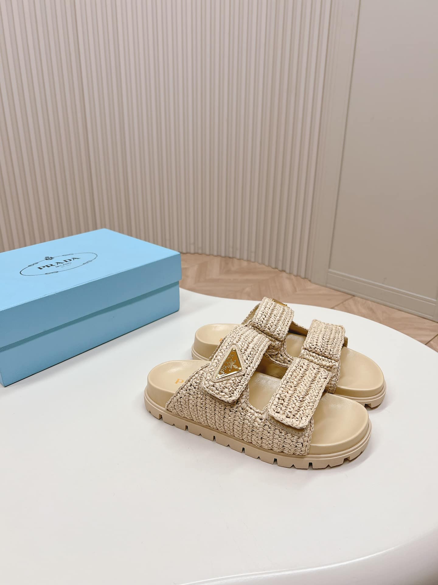 Prada Raffia Double Band Slide Sandals Beige 1Xx699 F020 2C2T F0018
