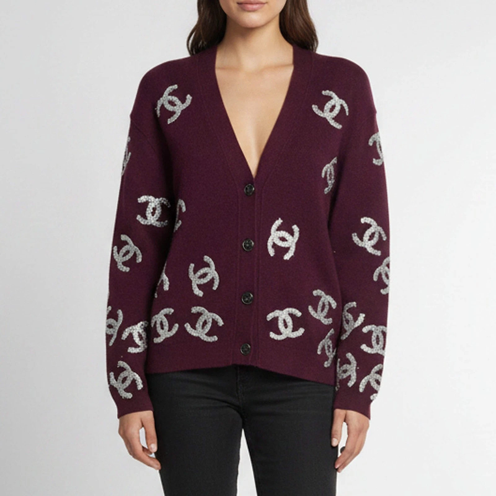 CHANEL CC Logo Jacquard V-Neck Cardigan