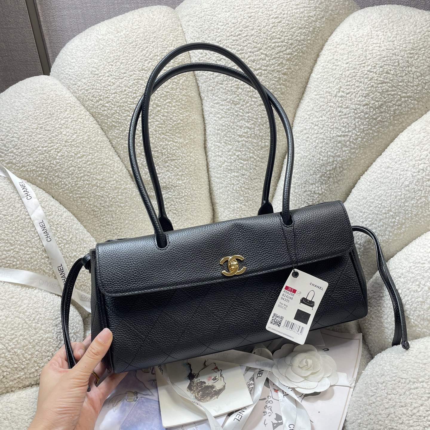 Spring-Summer 2026 Black Quilted Caviar Calfskin Long Handle Flap Bag with Gold-Tone Hardware