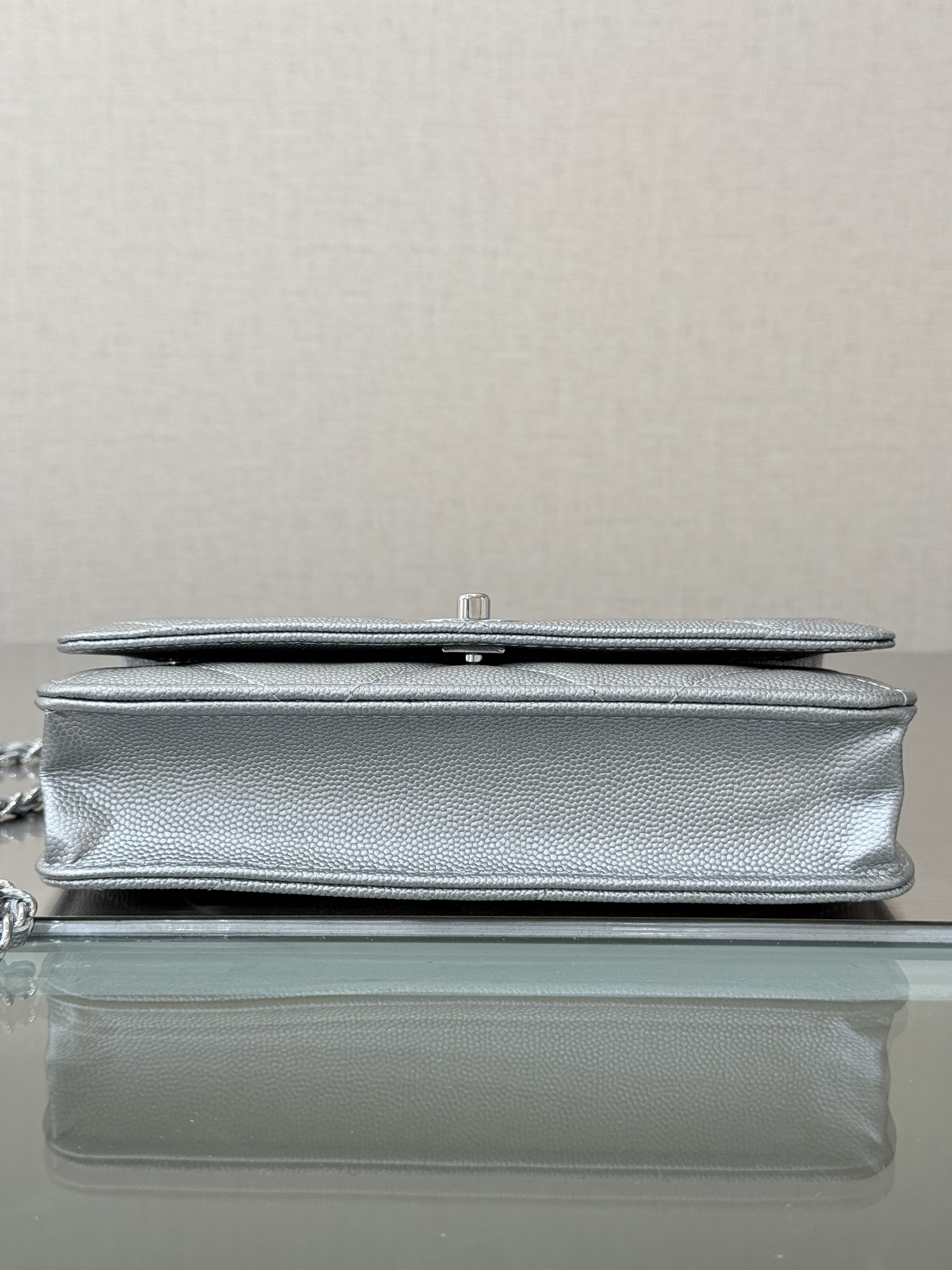Wallet on Chain with Top Handle (AP3984) in Silver Caviar Leather with Silver-Tone Hardware, 25C Cruise Collection