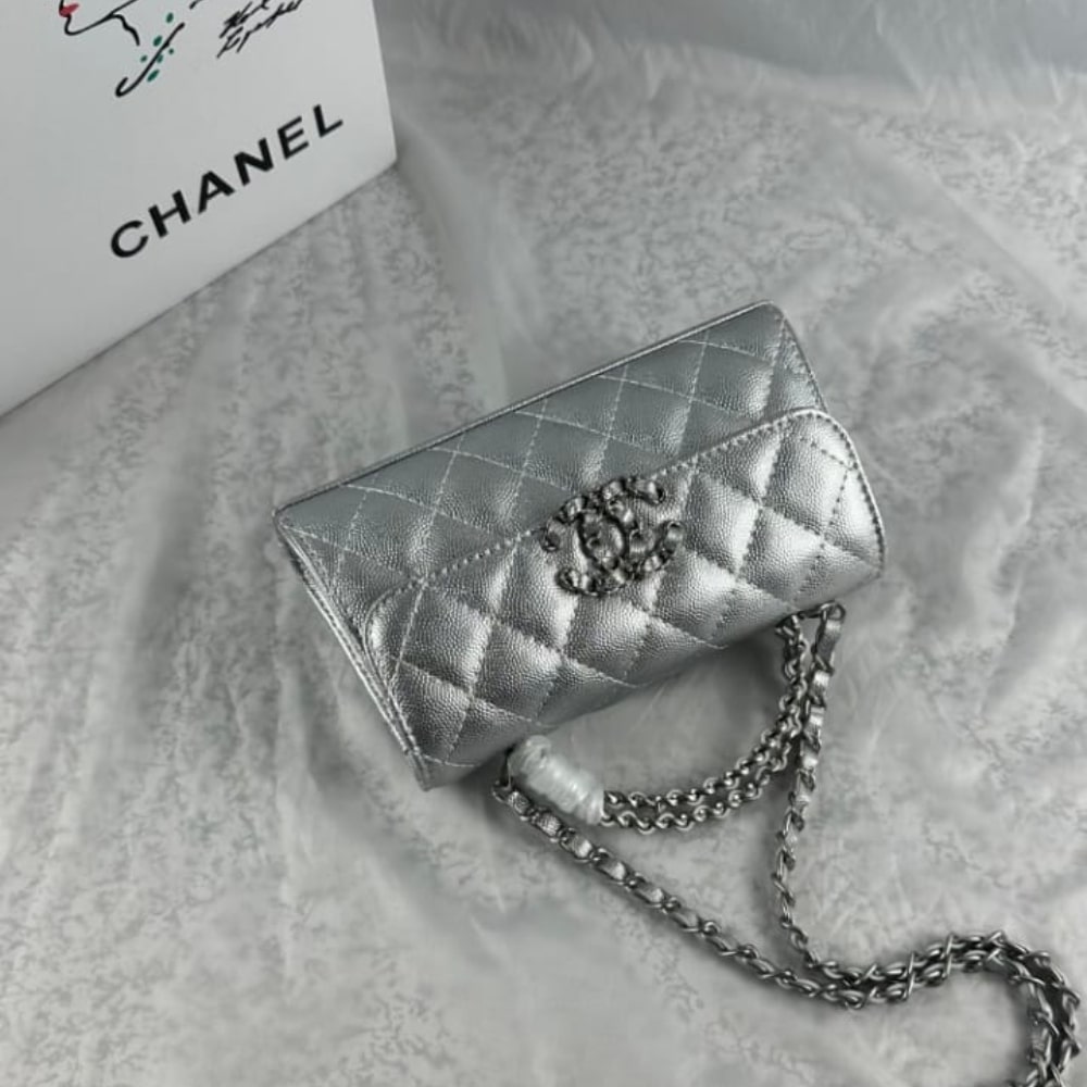 Chanel 23P Clutch With Chain Bag Grained Leather Silver 18cm