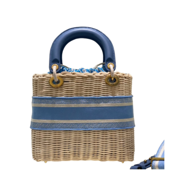 DIOR MEDIUM LADY NATURAL WICKER BLUE CORNFLOWER OBLIQUE JACQUARD