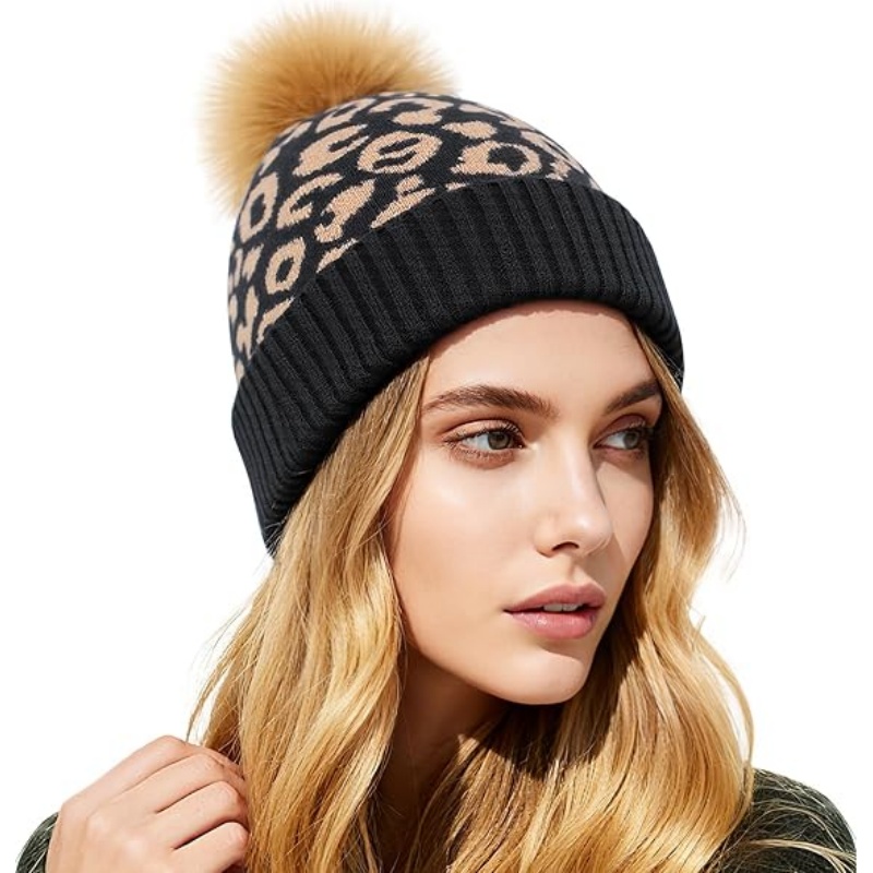 Women Winter Knitted Beanie Hat with Faux Fur Pom