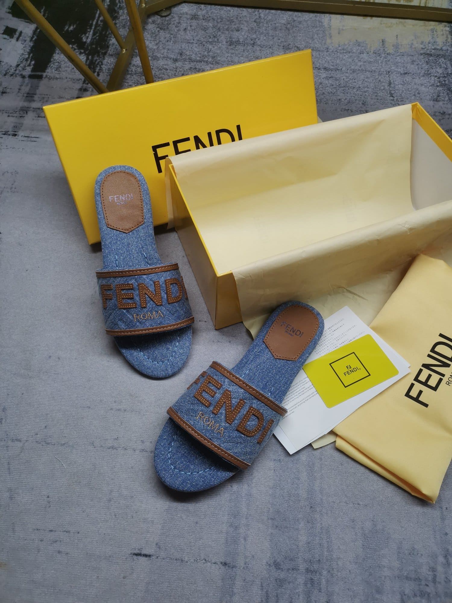 Fendi Signature Light Blue Denim Slides