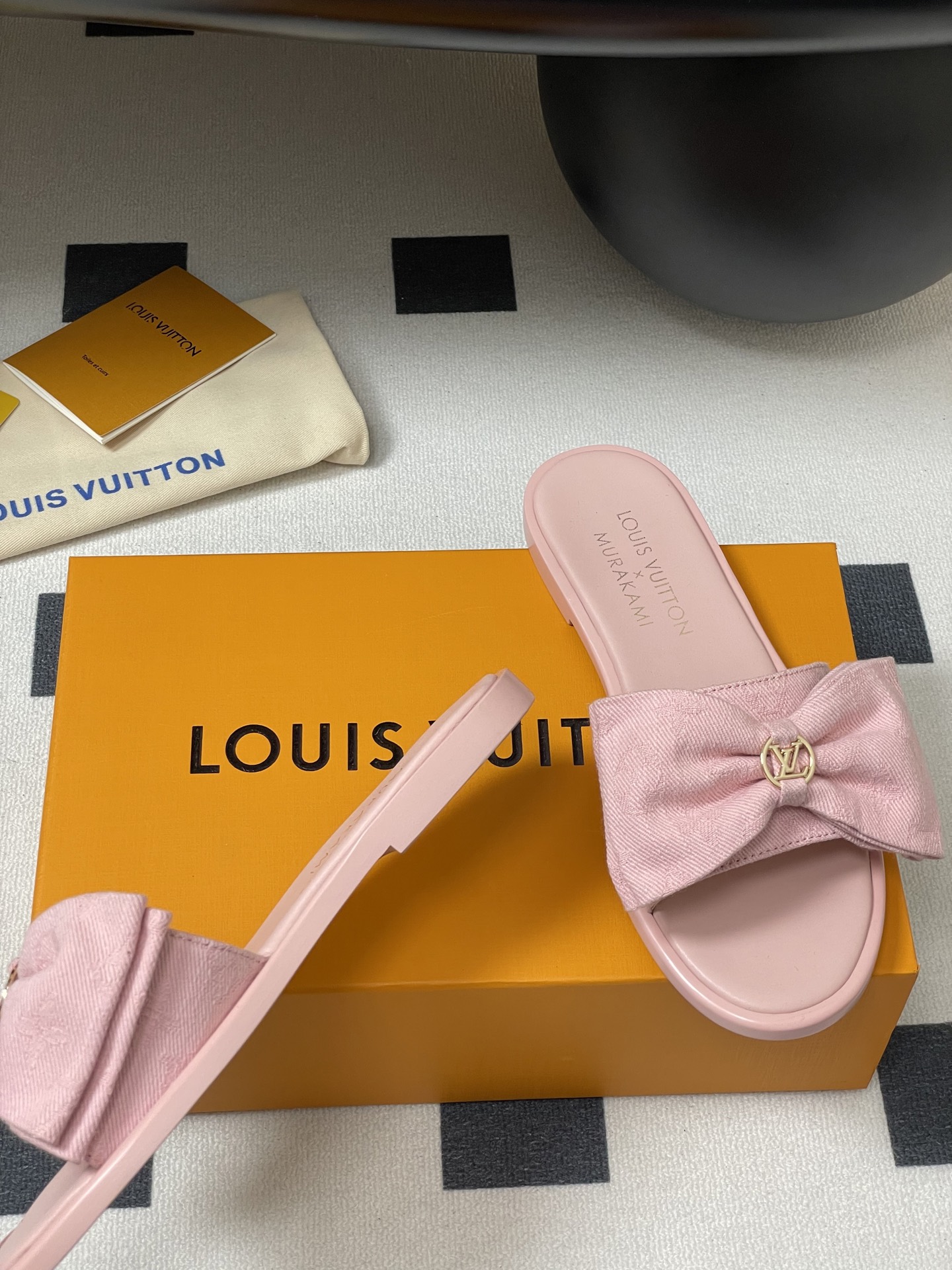 Louis Vuitton x Takashi Murakami Lily Flat Mule Bow Slide Sandals Black Canvas 1AGVYA