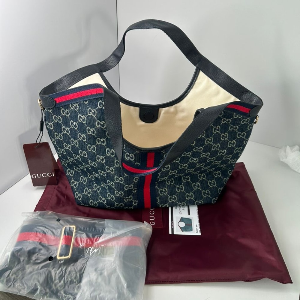 Gucci Giglio Small Tote Bag Blue And White GG Denim 25cm 860845 FAFRW 8864