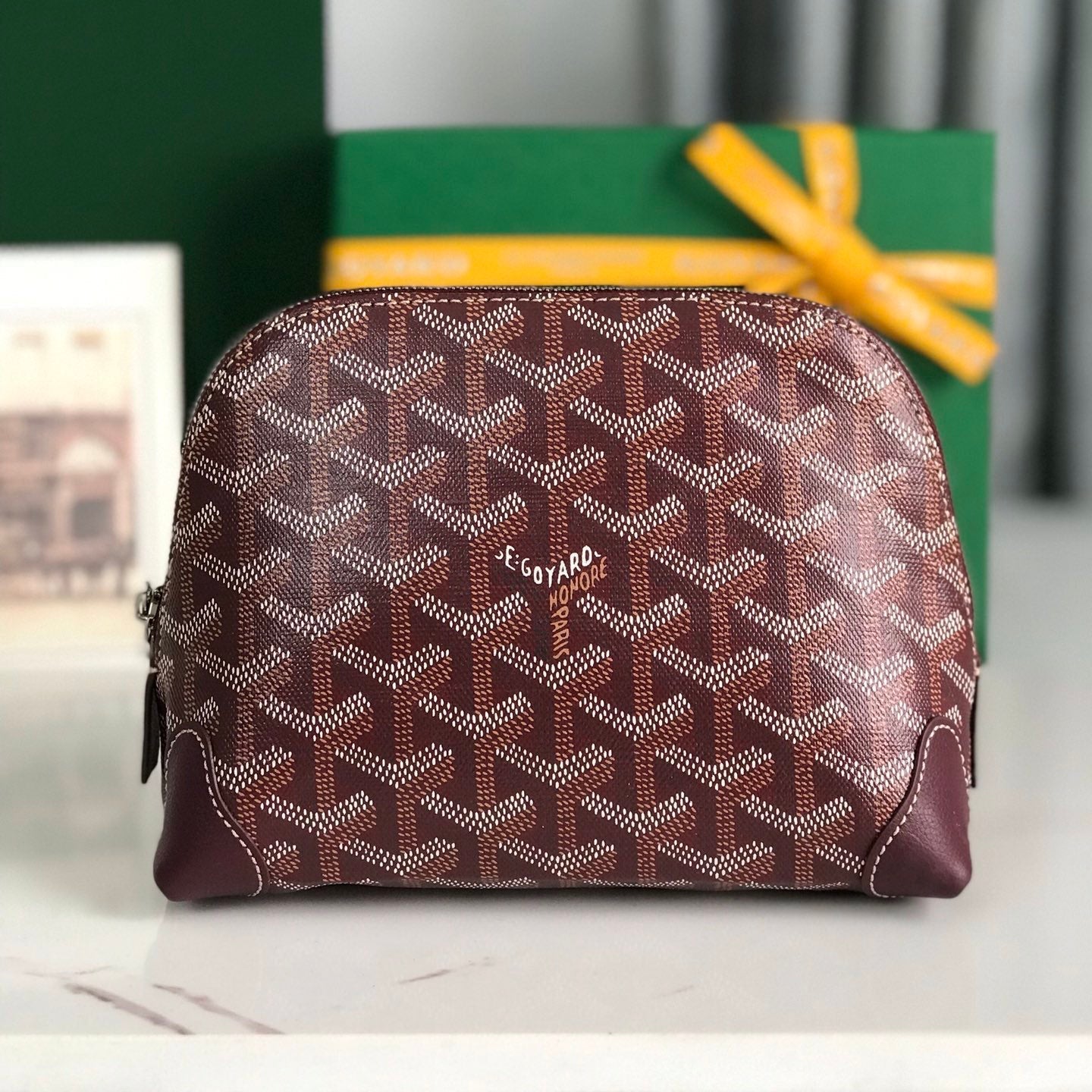 Goyard Vendôme Cosmetic Pouch 17 Cm Wine Red Goyardine Canvas And Calfskin Trim