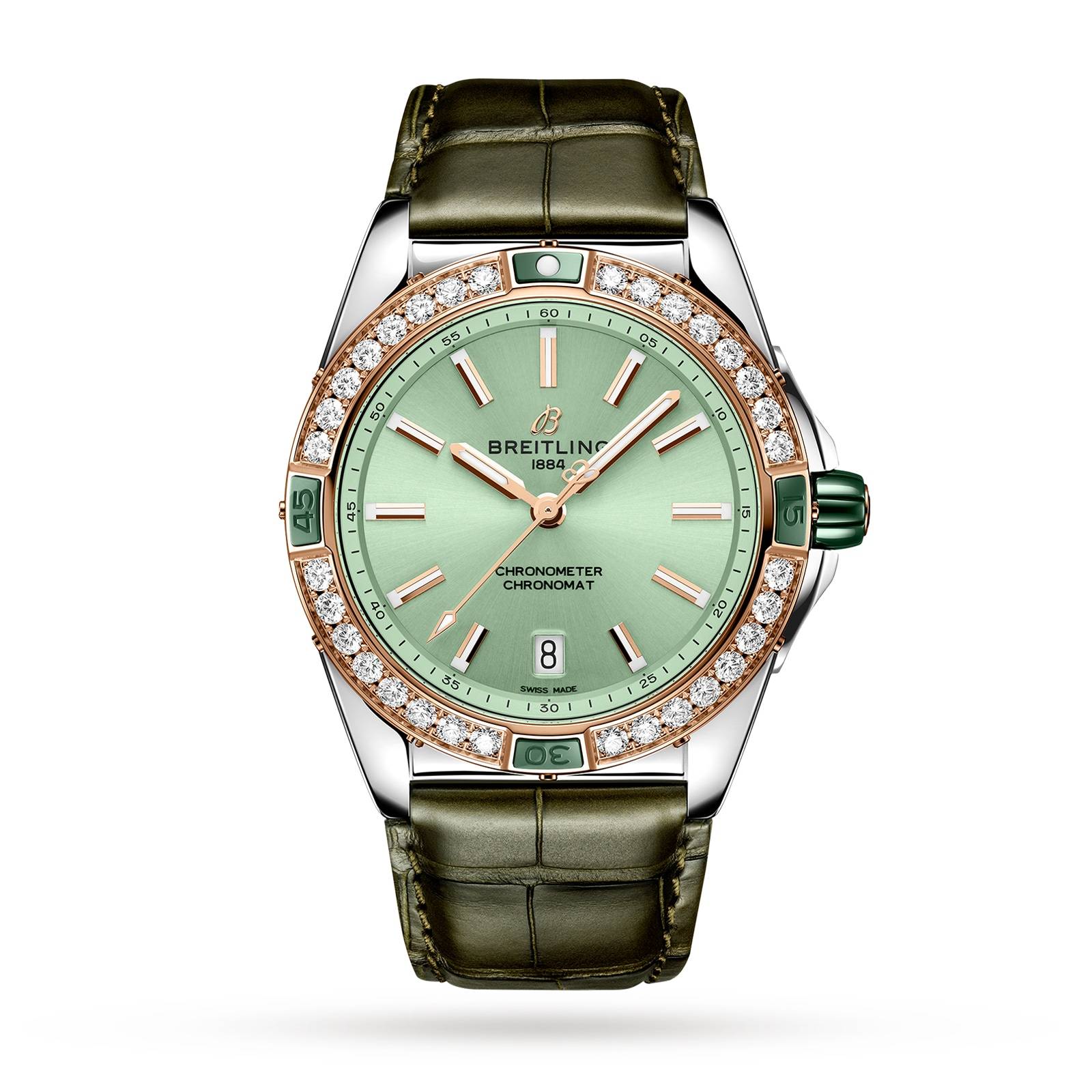 Breitling Super Chronomat Automatic 38 Green Stainless Steel & 18ct Rose Gold Leather Strap-P17532167
