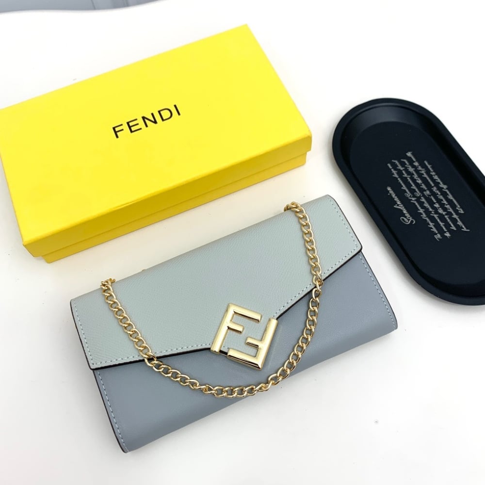 Fendi Ff Diamonds Continental With Chain Leather Wallet Light Blue 19Cm