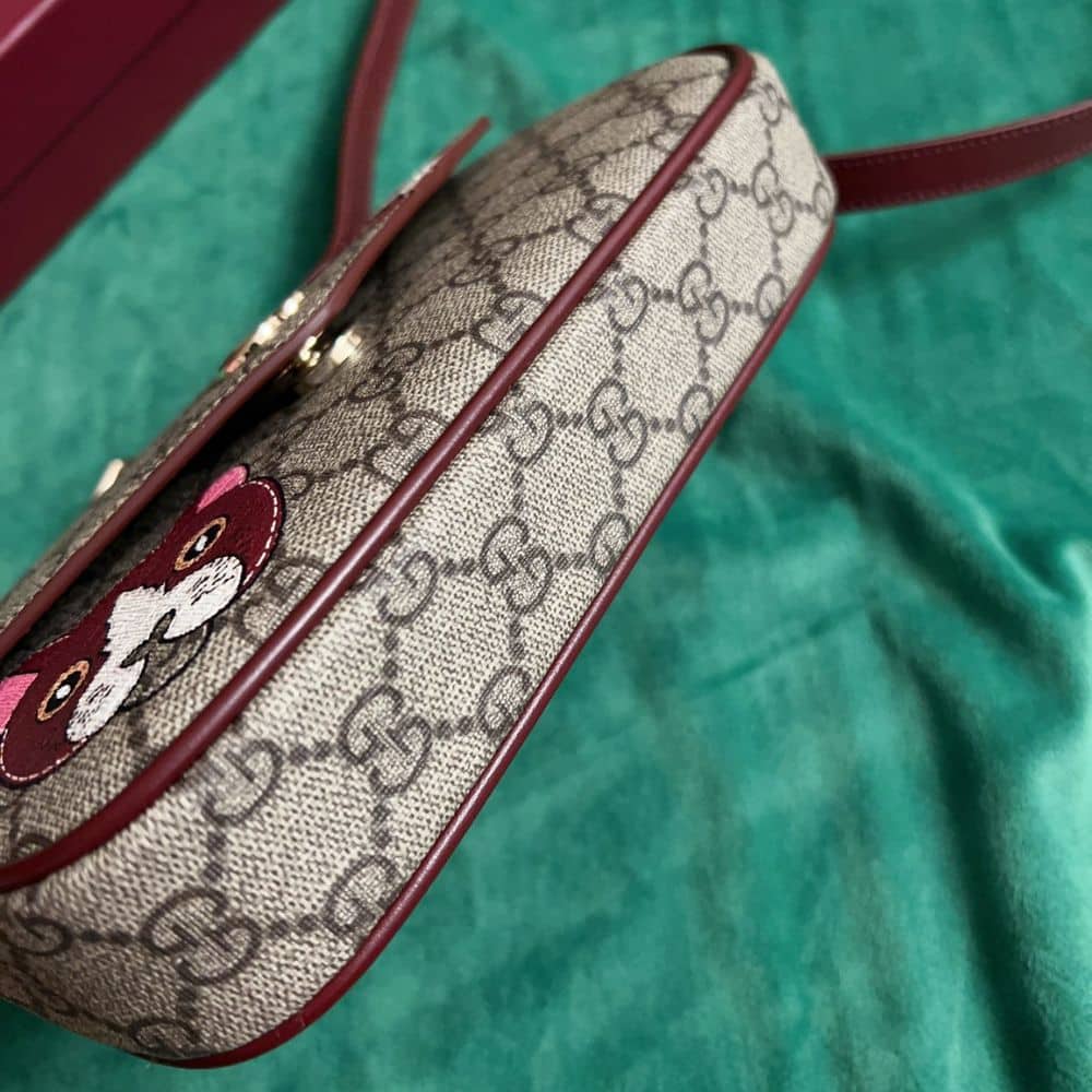 Gucci Gg Mini Shoulder Bag With Cat Detail Beige And Dark Brown 22Cm