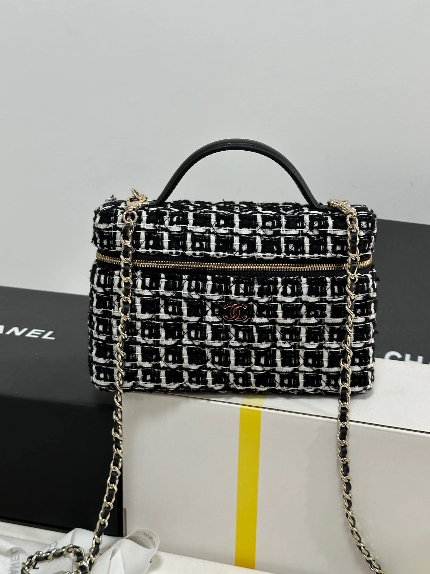 CC 25C Vanity Case Black White Tweed Light Gold Hardware 243667