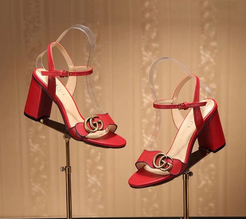 Gucci Double G Leather Mid Heel Sandal Red ?453379 A3N00