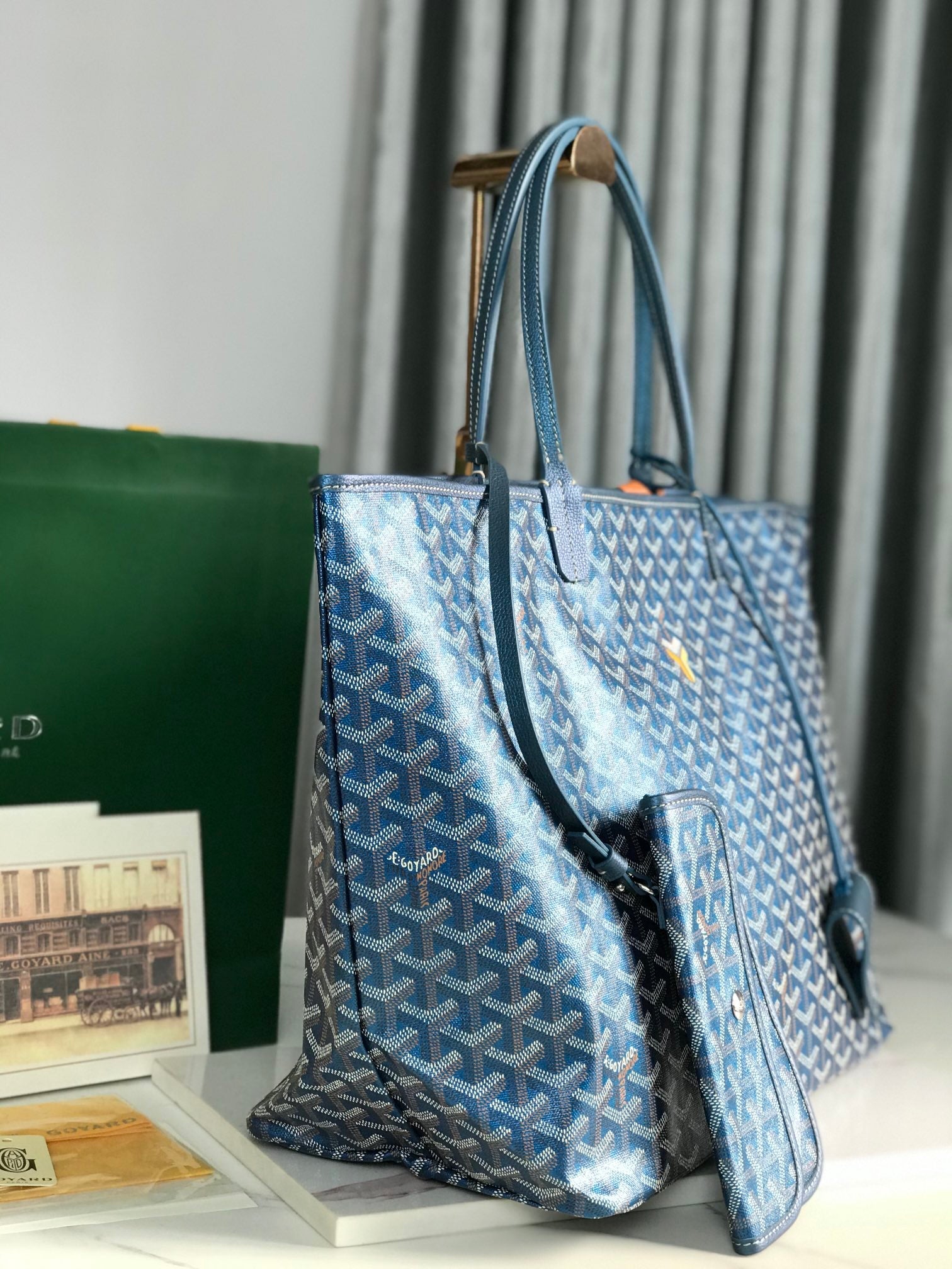 Goyard Saint Louis Gm Bag 40Cm Deep Blue Canvas Chevroches Calfskin