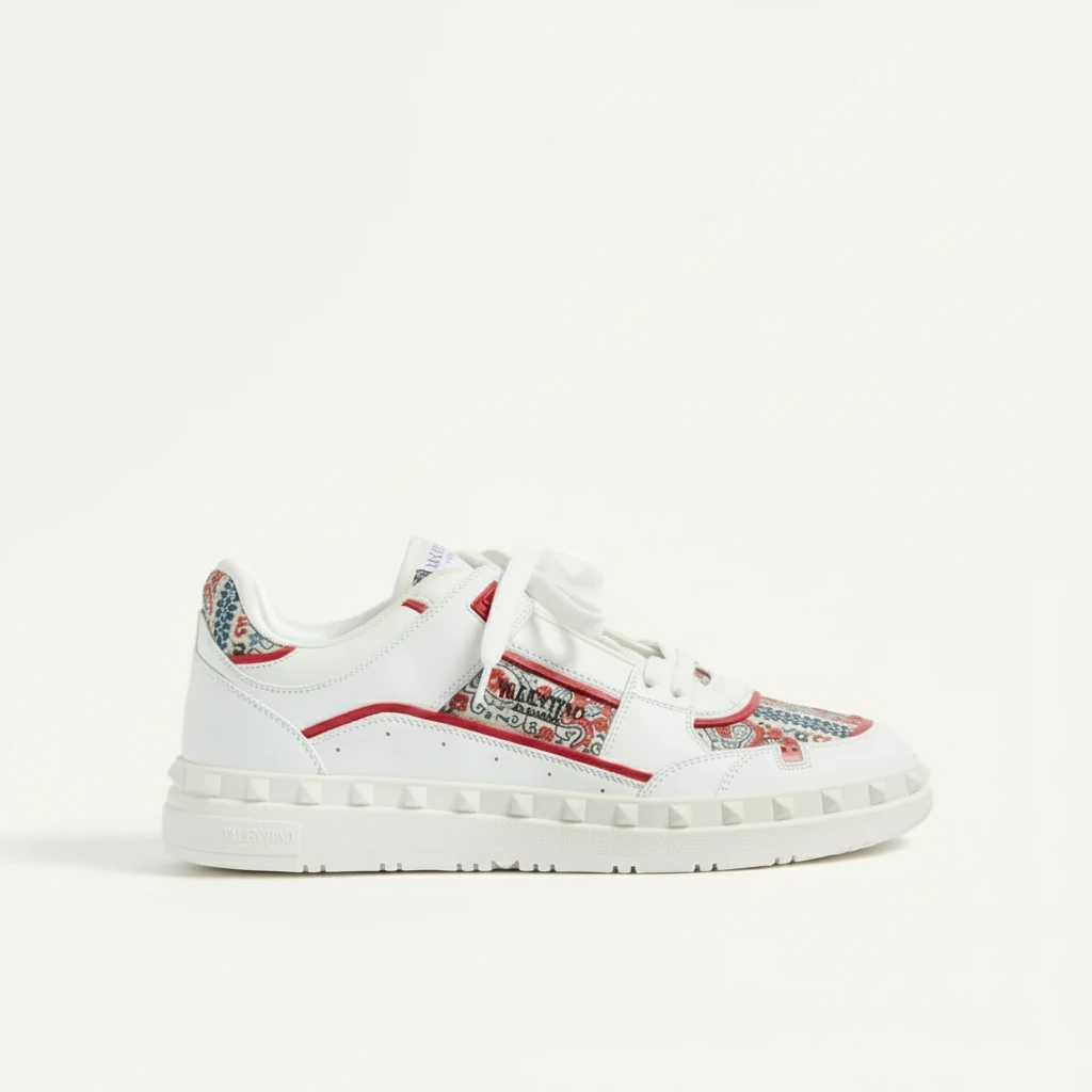 VALENTINO FREEDOTS LOW-TOP SNEAKER IN CALFSKIN AND VOYAGE IMAGINAIRE FABRIC