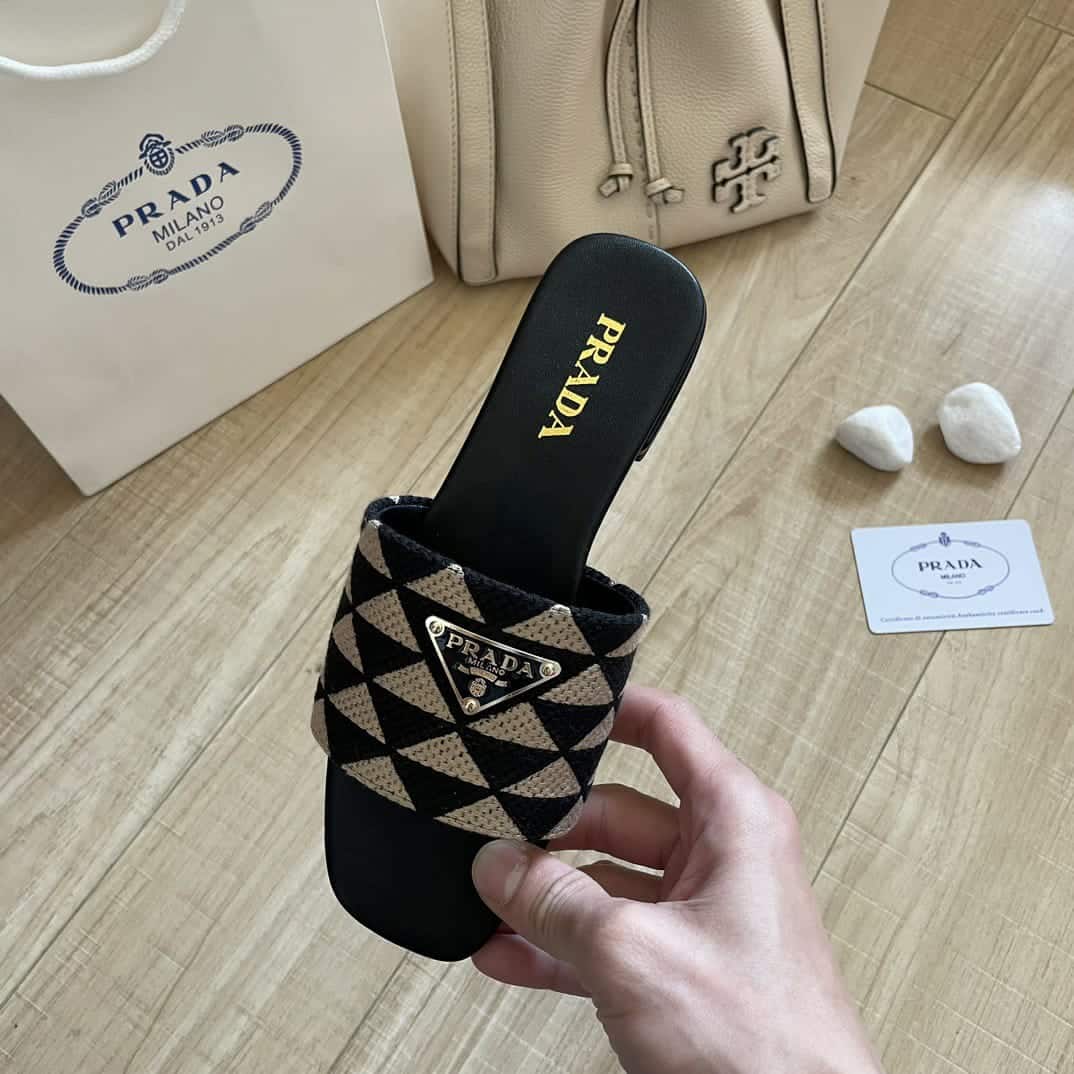 Prada Embroidered Fabric Slides Black White