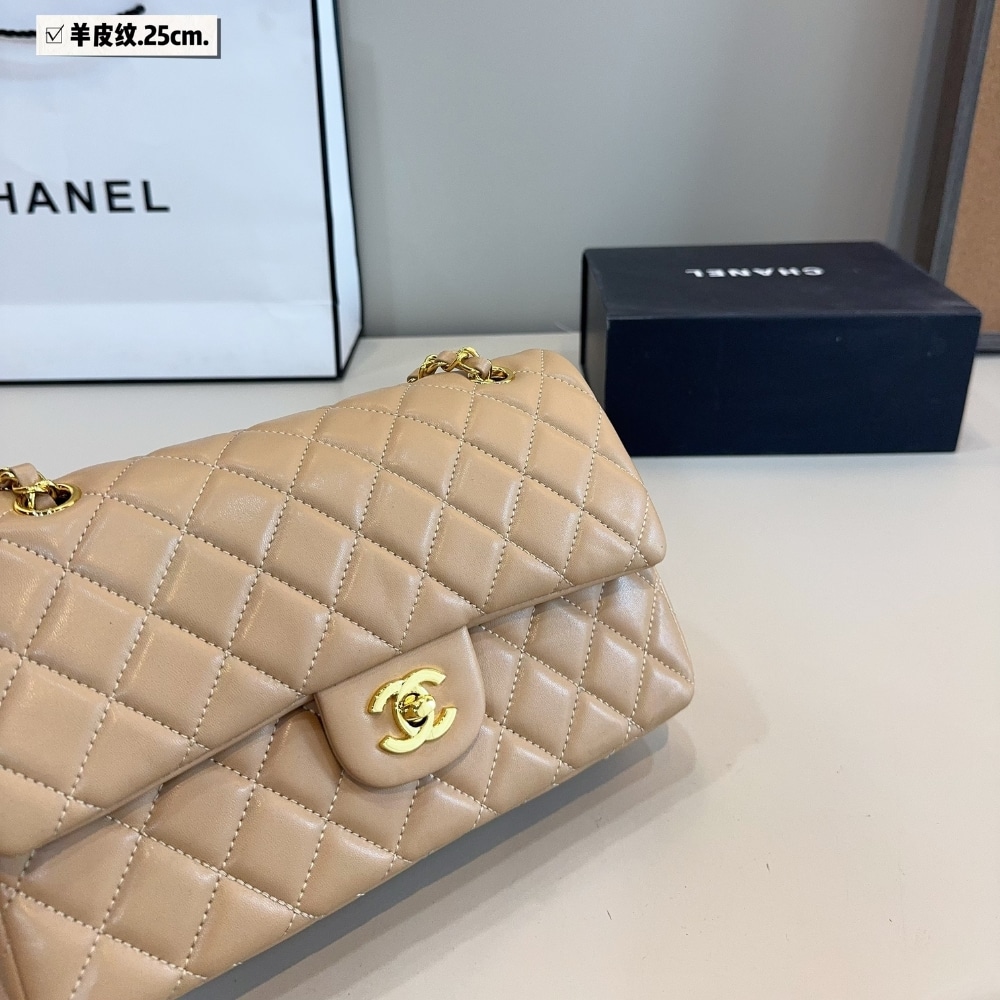 Chanel Medium Classic Double Flap Beige Gold Hardware 25Cm