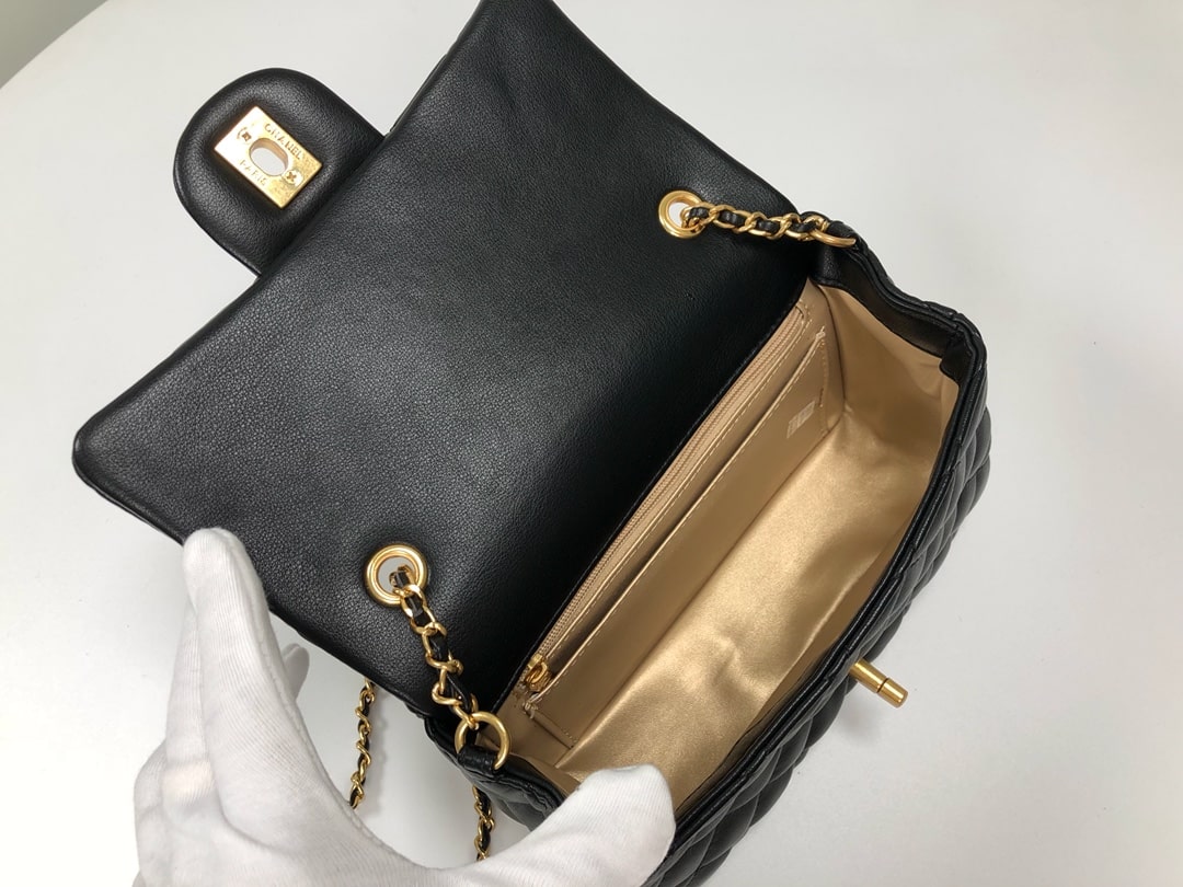 Chanel Flap Bag Mini Cc Rectangular Pearl Crush Gold Black 20Cm As1787 B18602 94305
