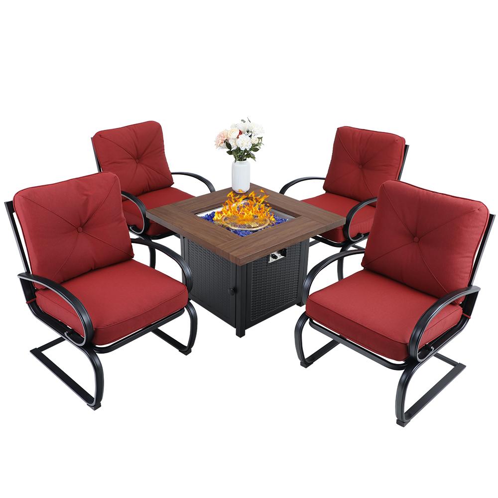 5-Piece Outdoor Fire Pit Set C-spring Chairs With Cushions & 50,000BTU Wood-look Fire Pit Table