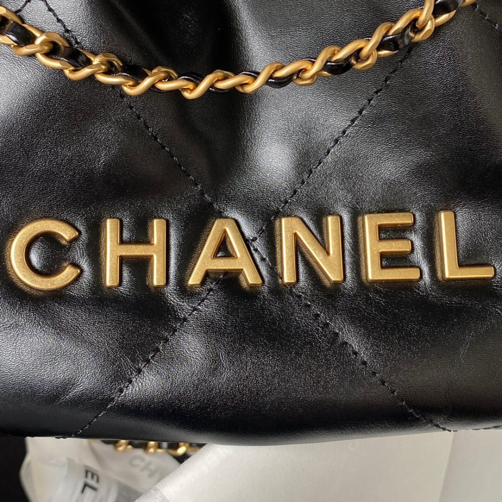 Chanel Mini 22 Handbag Shiny Calfskin & Gold Metal Black 20cm