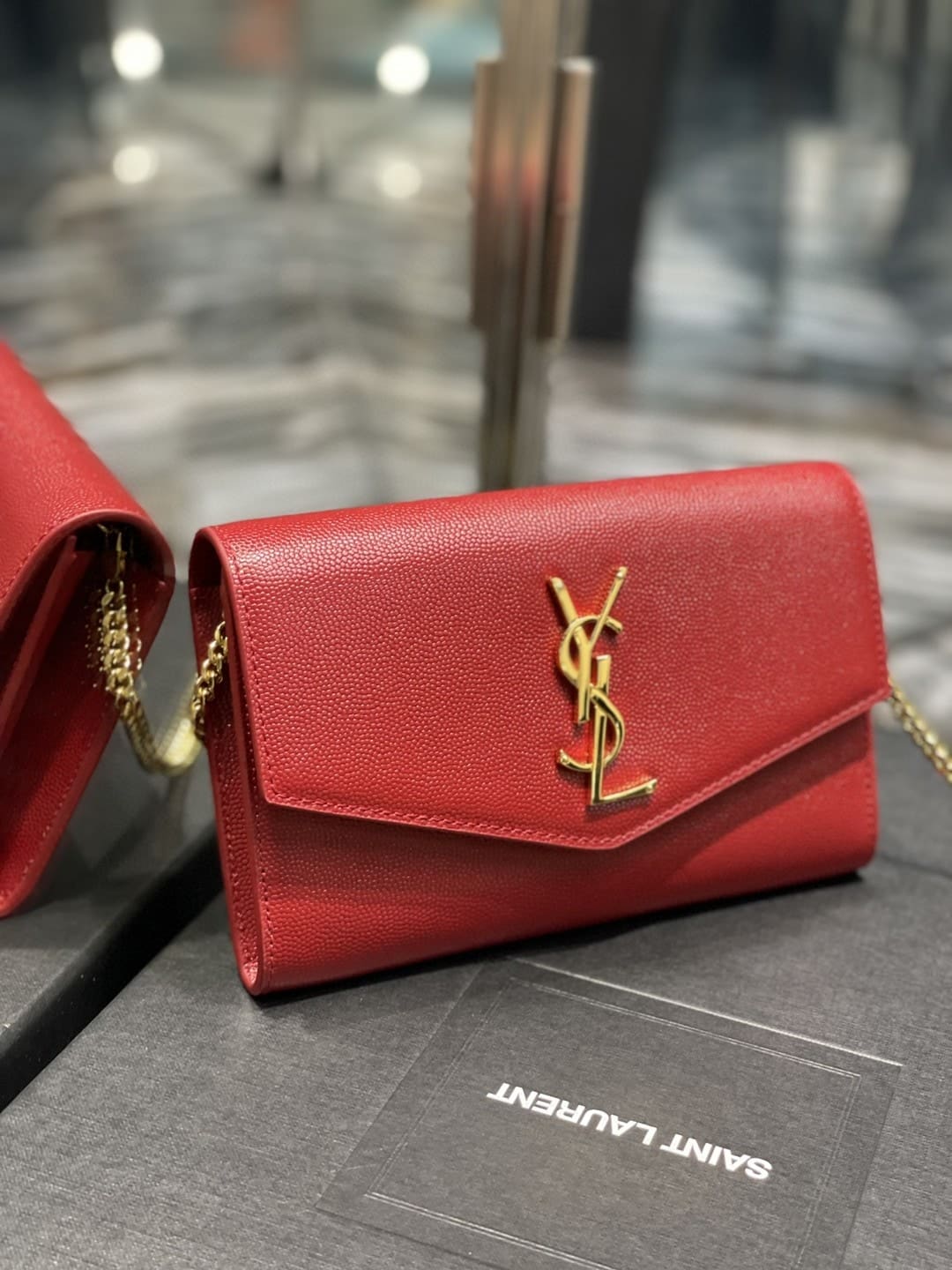 Saint Laurent Uptown Chain Wallet In Grain De Poudre Embossed Leather Red 19Cm