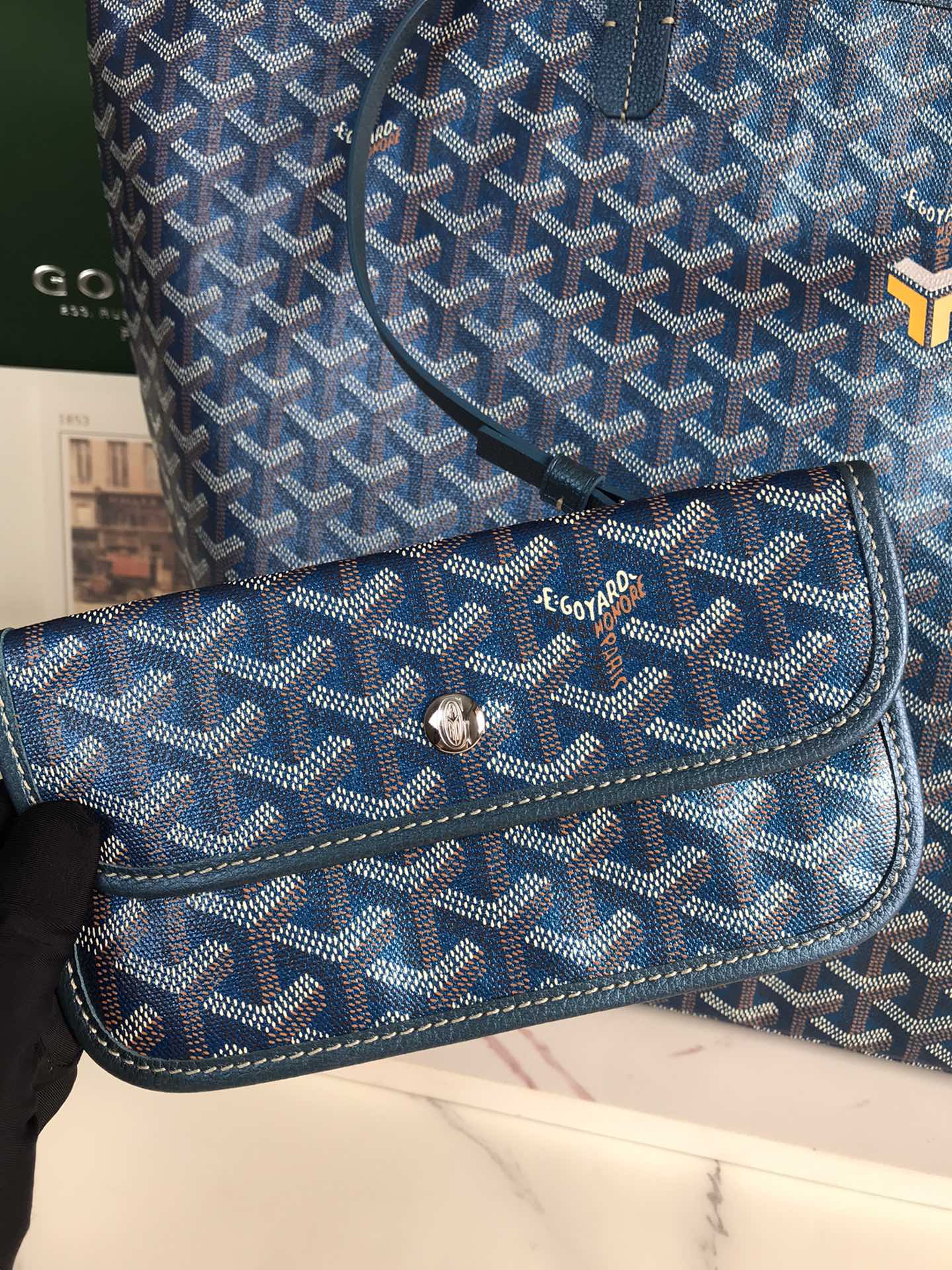 Goyard Saint Louis Gm Bag 40Cm Deep Blue Canvas Chevroches Calfskin