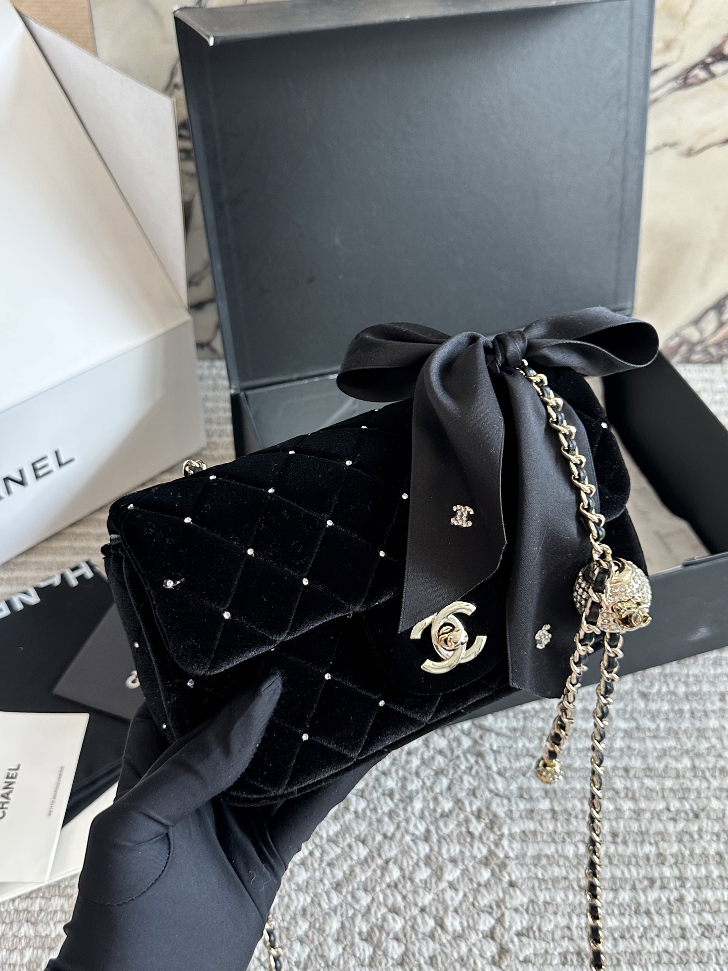 CHANEL Velvet Crystal-Ball Chain Flap Bag