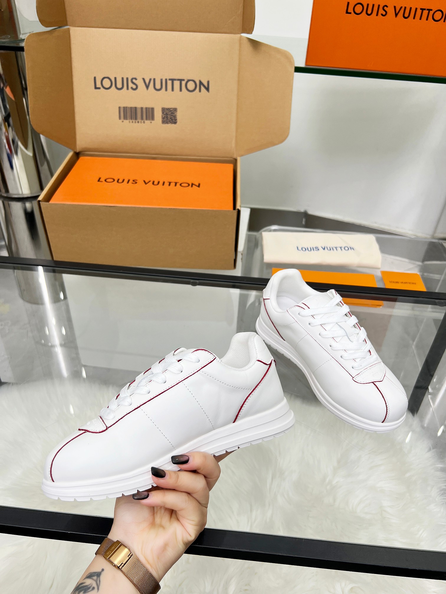 Louis Vuitton LV White Sneakers with Red Stitching – Women’s Shoes