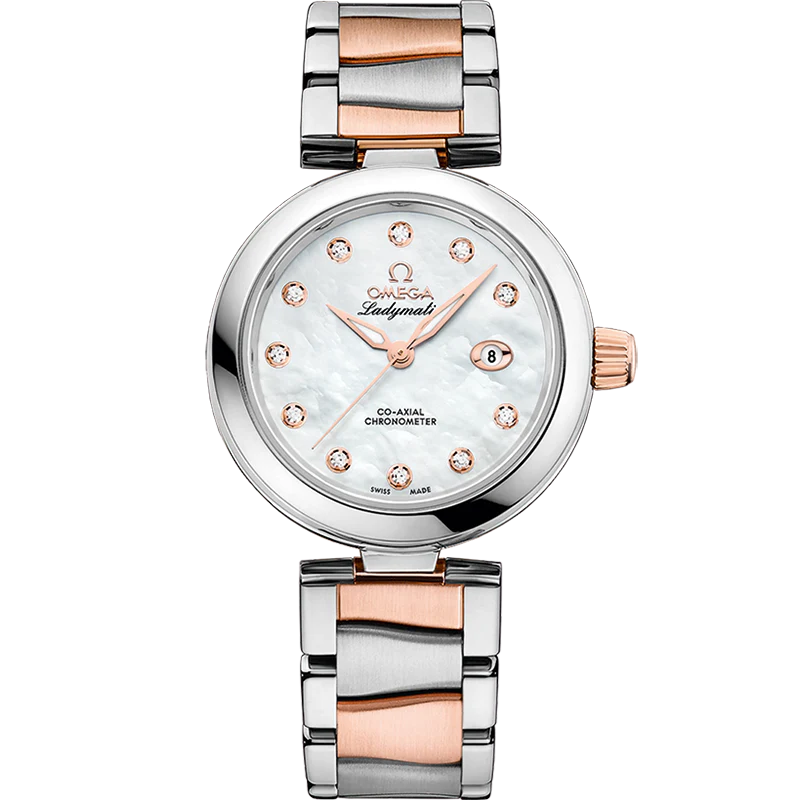 Omega De Ville Ladymatic 34mm White Dial with Diamonds Stainless Steel Sedna™ 18k Rose Gold Bracelet 425.25.34.20.55.004