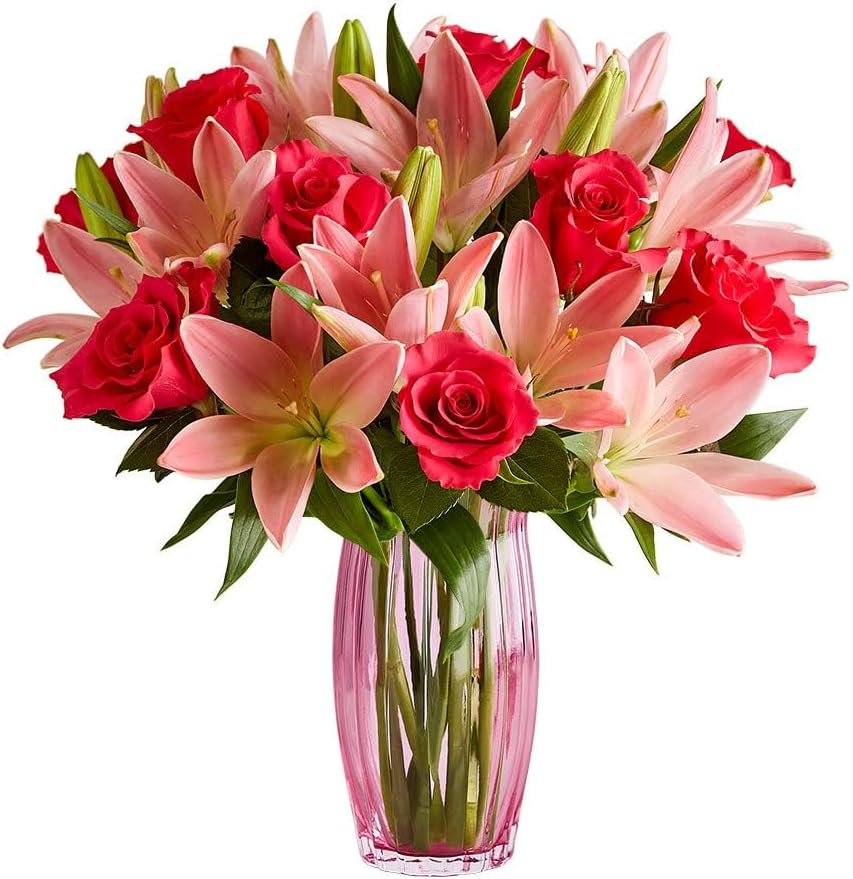 1800 Flowers – Magnificent Pink Roses & Asiatic Lily Single Bouquet (Clear Pink Vase Included) | Fresh Cut Spring Flowers for Delivery | Gift for Easter, Anniversary, Sympathy, and Special Occasions
