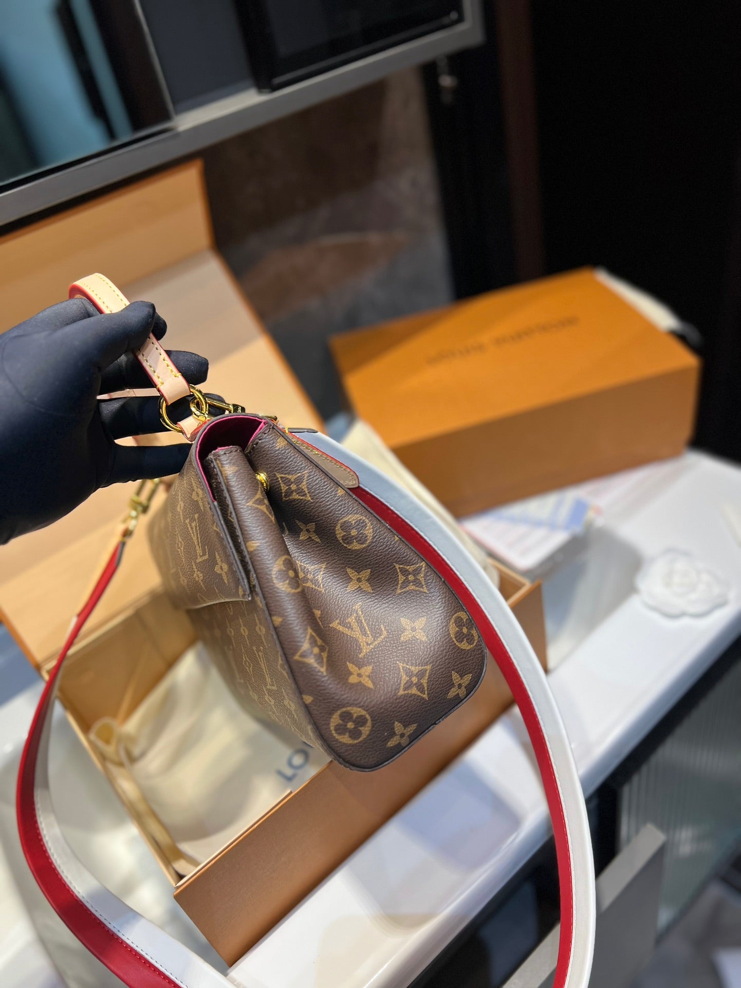Louis Vuitton Cluny Brown Beige And Red Strap 25Cm