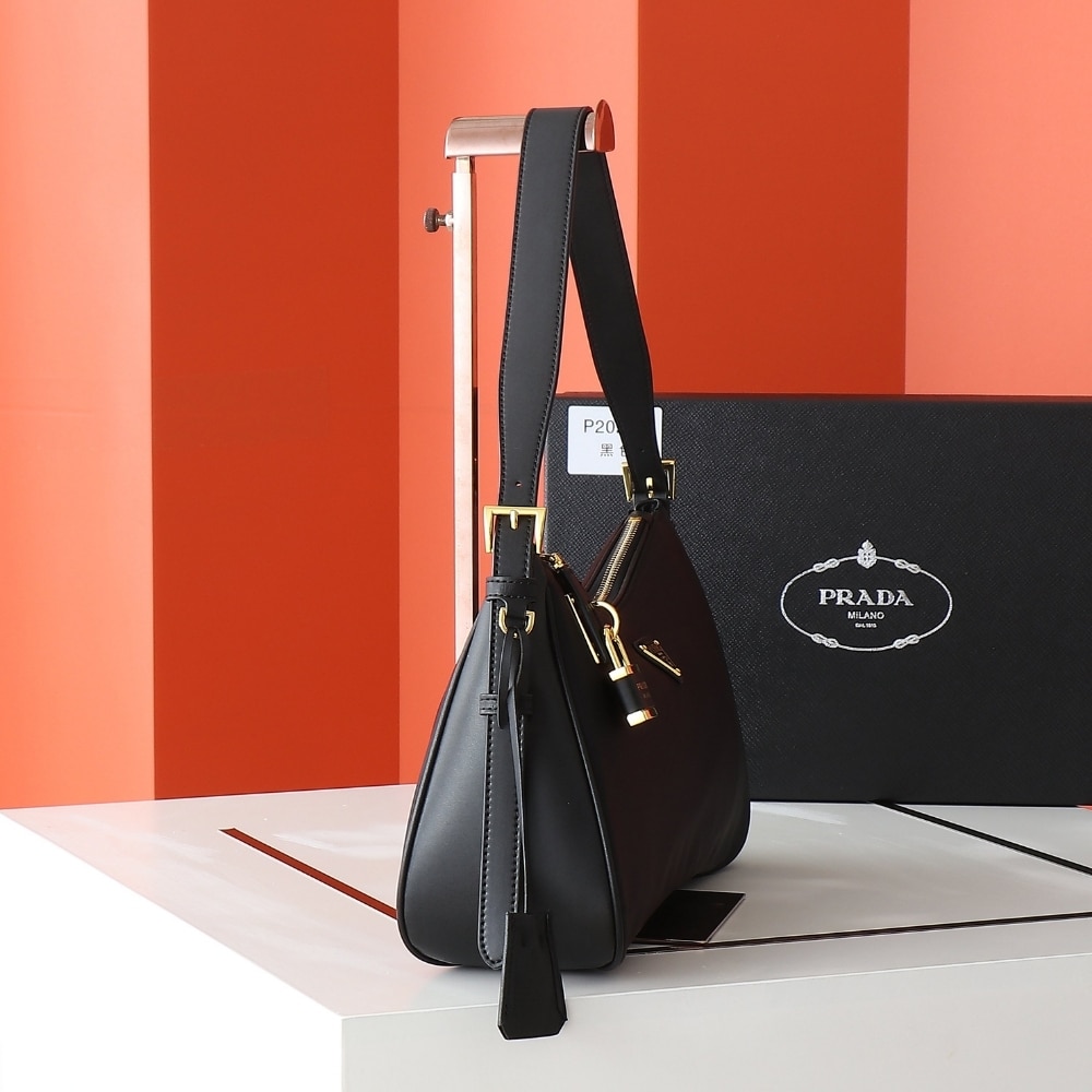 Prada Aimée Large Re Nylon Shoulder Bag With Padlock Black 34Cm