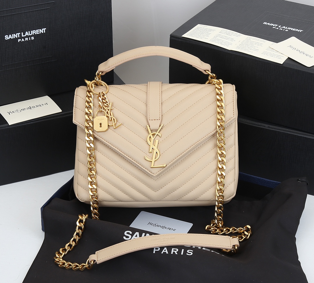 Saint Laurent Collège Medium Chain Bag In Quilted Leather Beige 24Cm