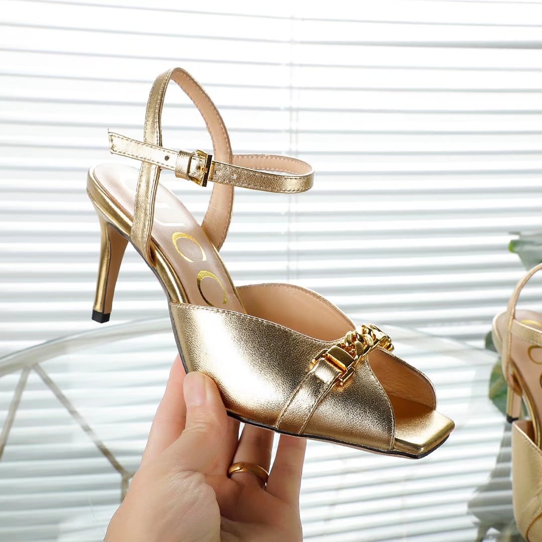 Gucci Metal Chain Stiletto Heels Flip Flop Fish Mouth Sandals Gold