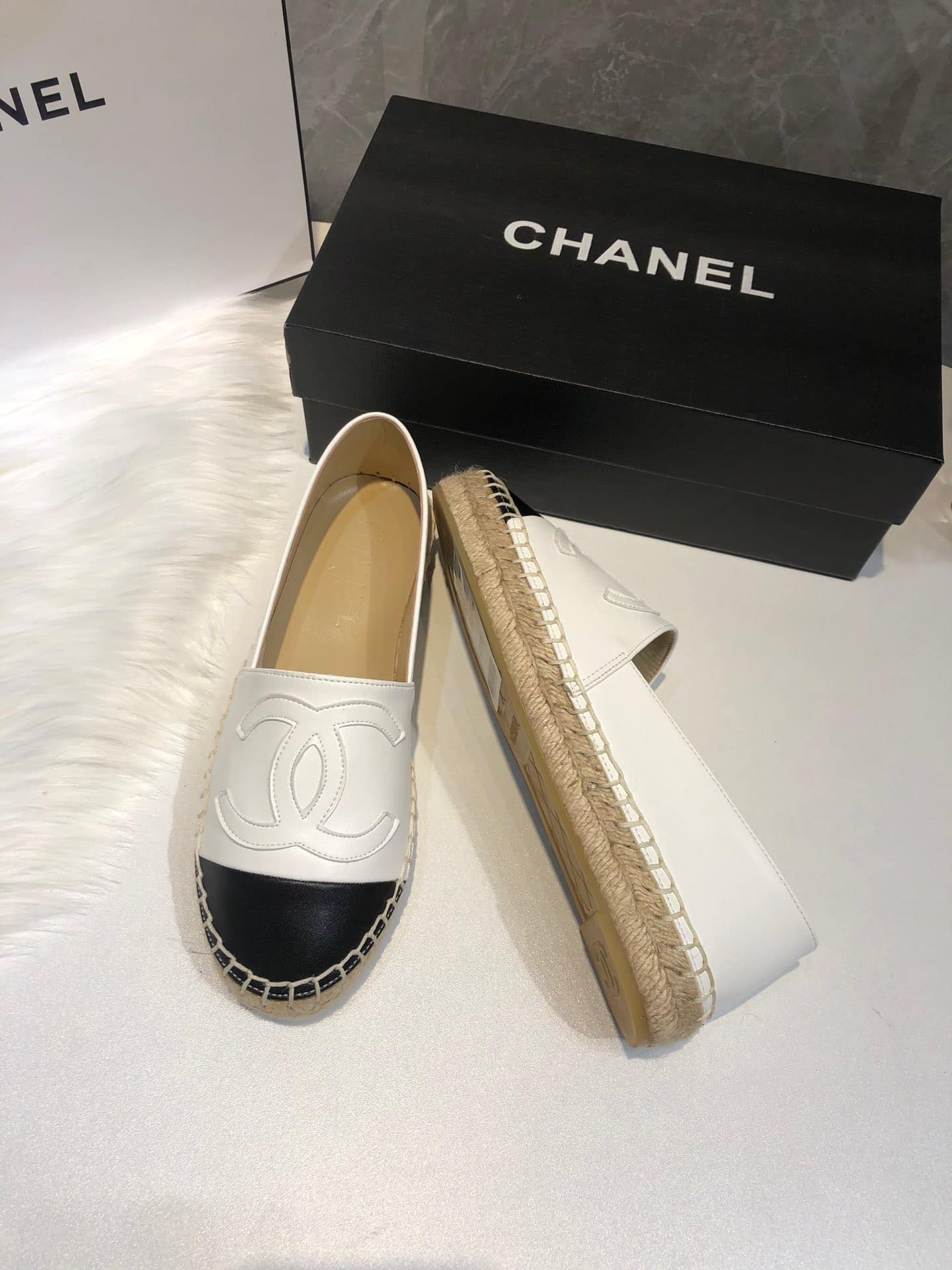 Chanel Embroidered Espadrille Leather Black Cap Toe Flats White Cc